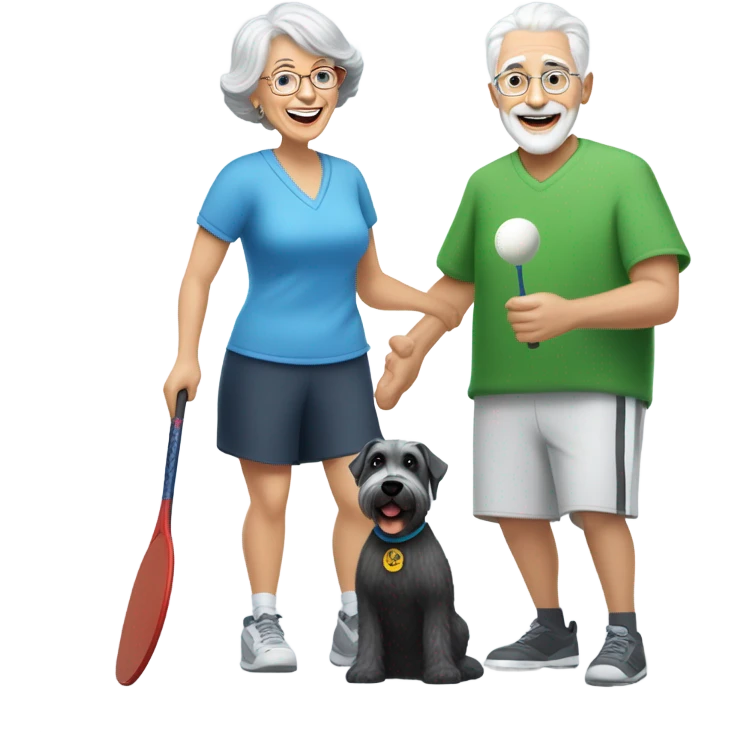 A grandma with short grey hair and grandpa with a short white beard playing pickle ball with a small black and white schnauzer emoji