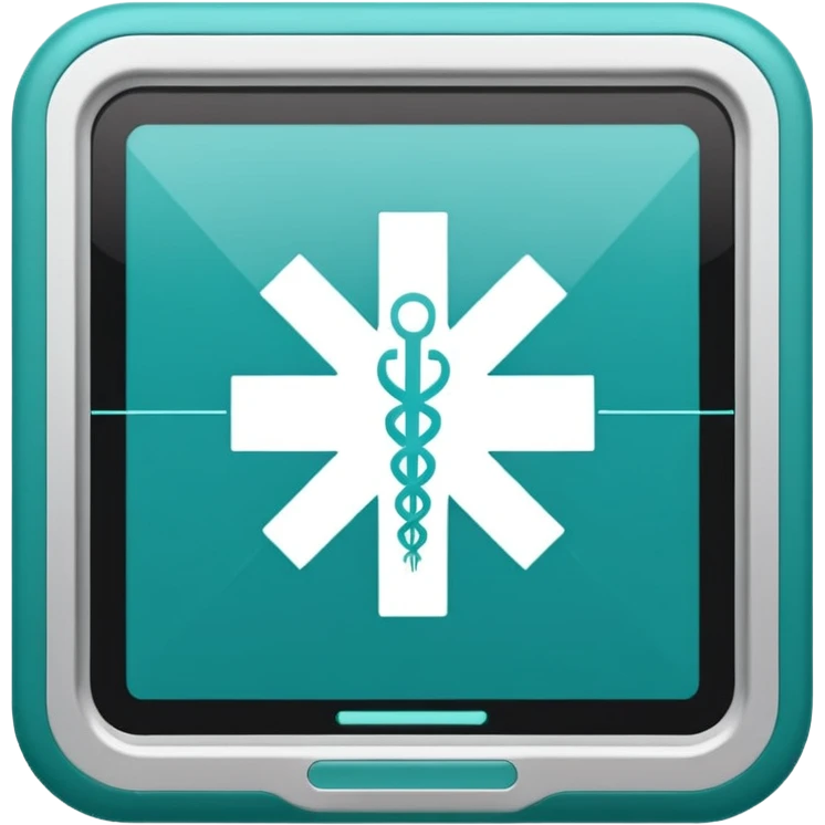 Emoji-style icon of a medical cross inside a scan frame with data lines, symbolizing AI disease detection. Simple emoji design, teal and white theme, no text, transparent background. emoji
