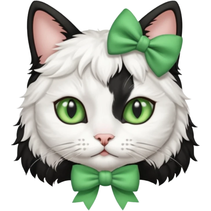 A black and white cat with green eyes she has a bow on her head she’s kinda fluffy  emoji