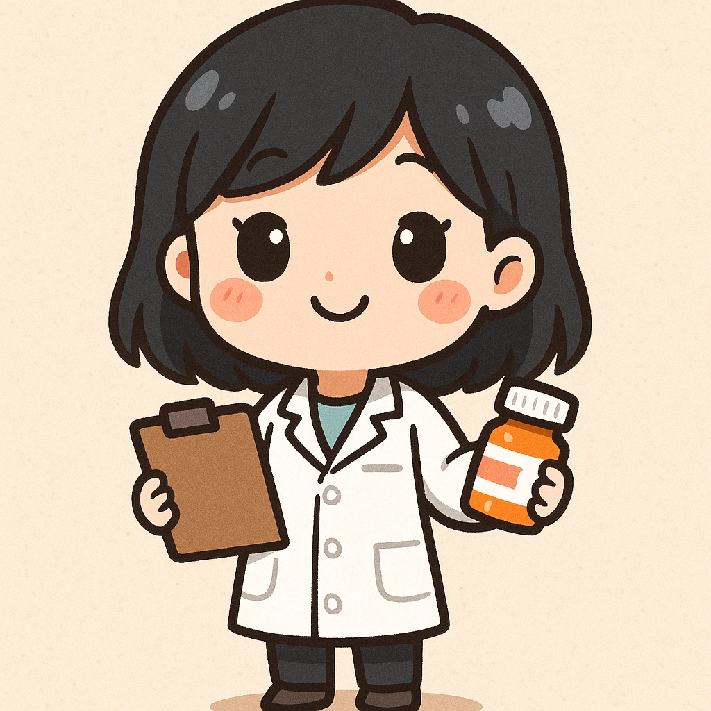 A chibi style young female pharmacist with black hair, wearing a white coat, holding a clipboard and a pill bottle, with a bright and friendly expression, full body, cute and colorful illustration. emoji