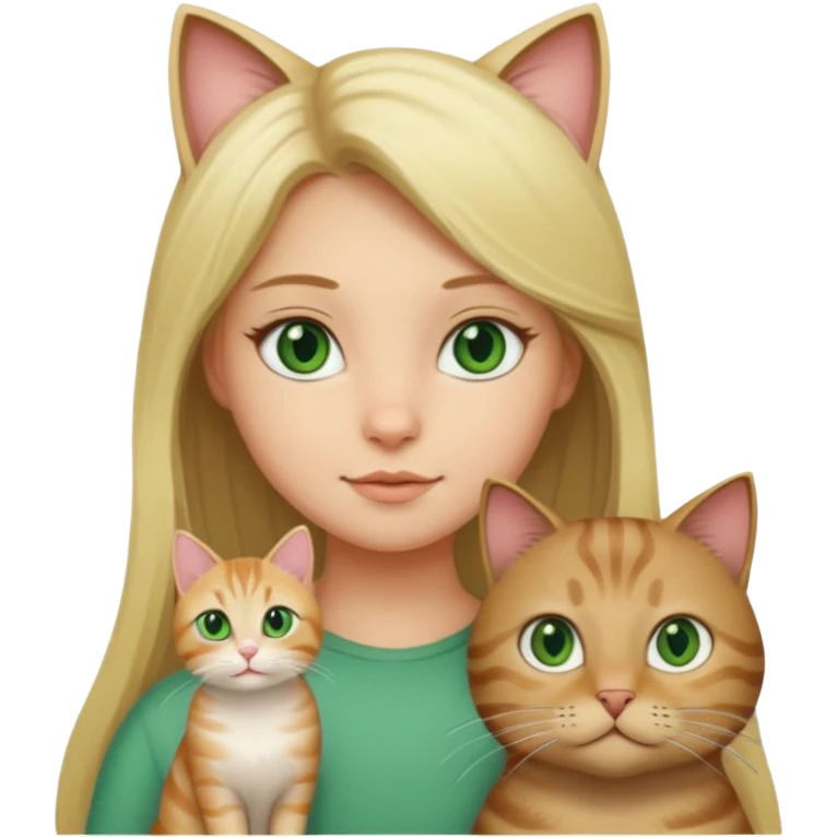 blonde girl with long blonde hair with tabby brown cat with green eyes and chubby gray cat with big green eyes emoji