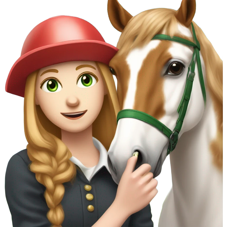 Extremely attractive and feminine white teen girl with green eyes and medium length strawberry blonde hair wearing traditional English riding helmet feeding a treat to a brown and white paint horse emoji