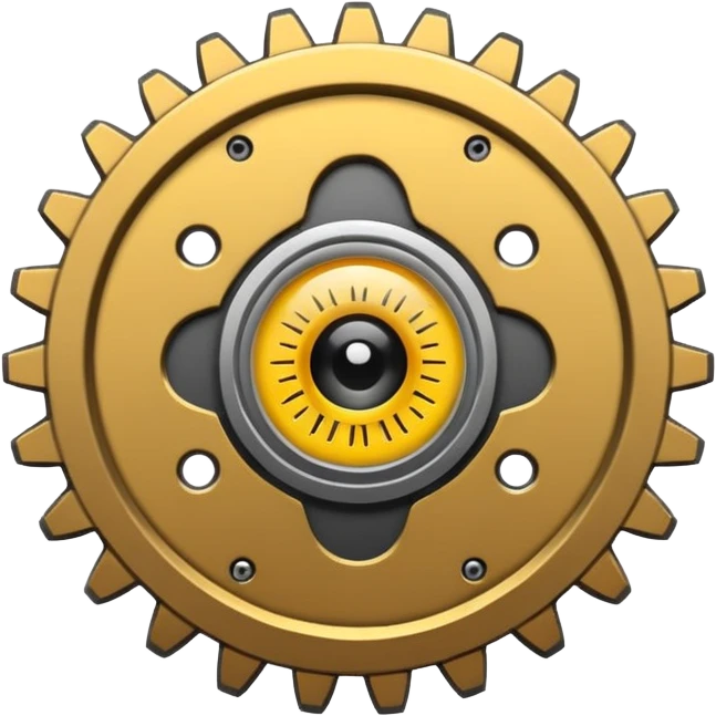 Minimalist emoji-style sticker of a mechanical gear with a realistic eye in the center. Flat graphic icon in grayscale. emoji