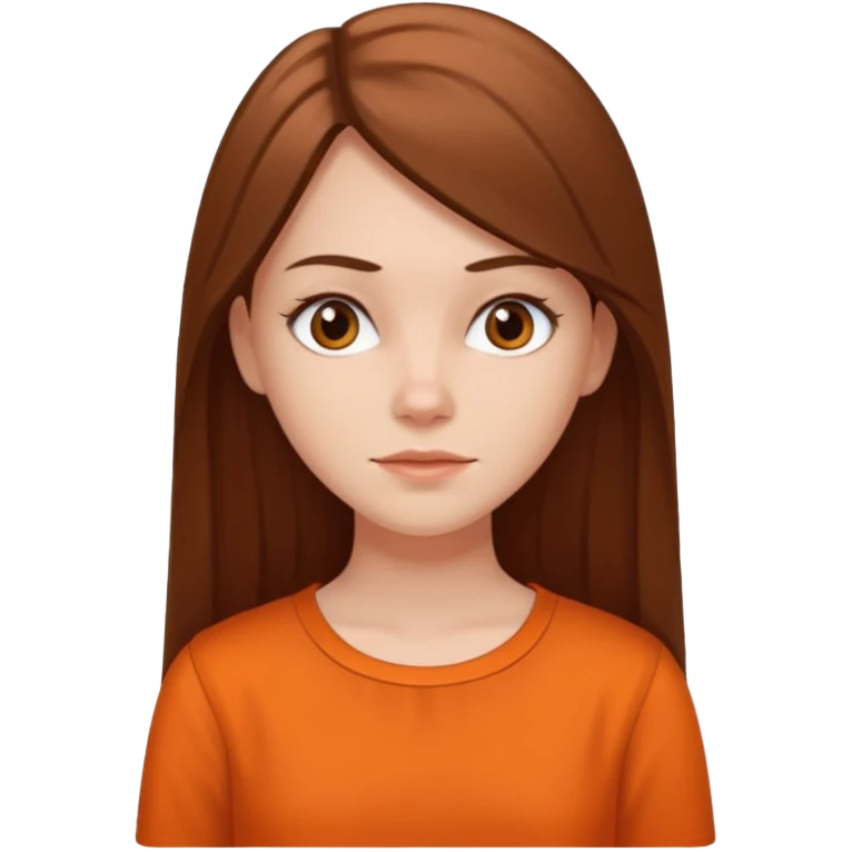 white girl with long straight hair and orange blouse not smiling emoji