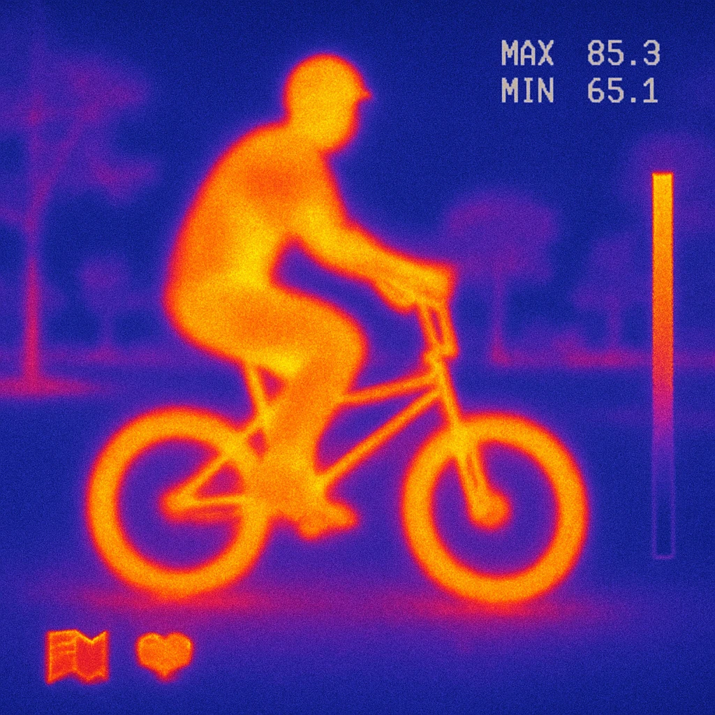 CJ from GTA San Andreas riding a BMX in a park background with a map, and health and money indicators as in the game emoji