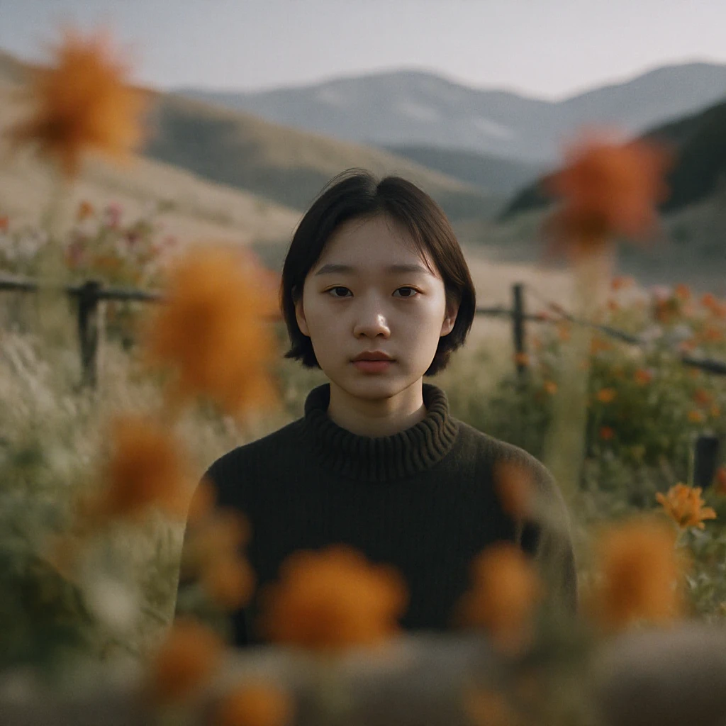 A portrait of a person in the foreground, blurred plants in the foreground, a wooden fence and colorfull flowers in the midground, rolling hills in the background, cinematic depth of field, layered composition, natural lighting emoji