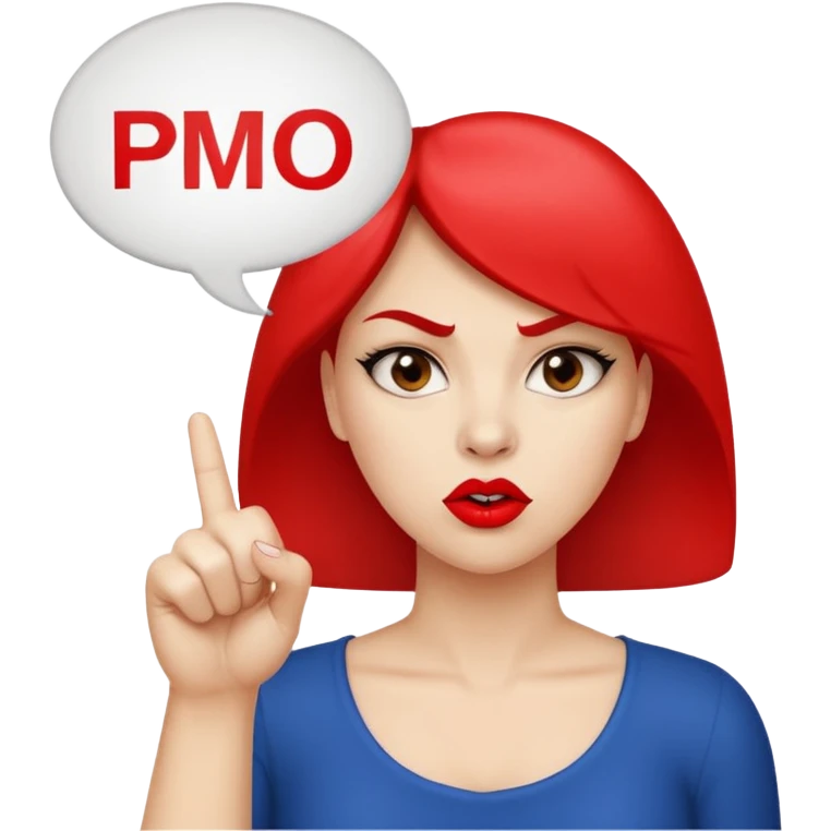 An angry lady with her finger up and the letters “Don’t PMO” in a speech bubble  emoji