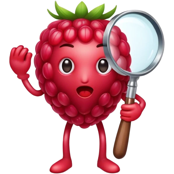A faceless raspberry holding a magnifiyng glass emoji