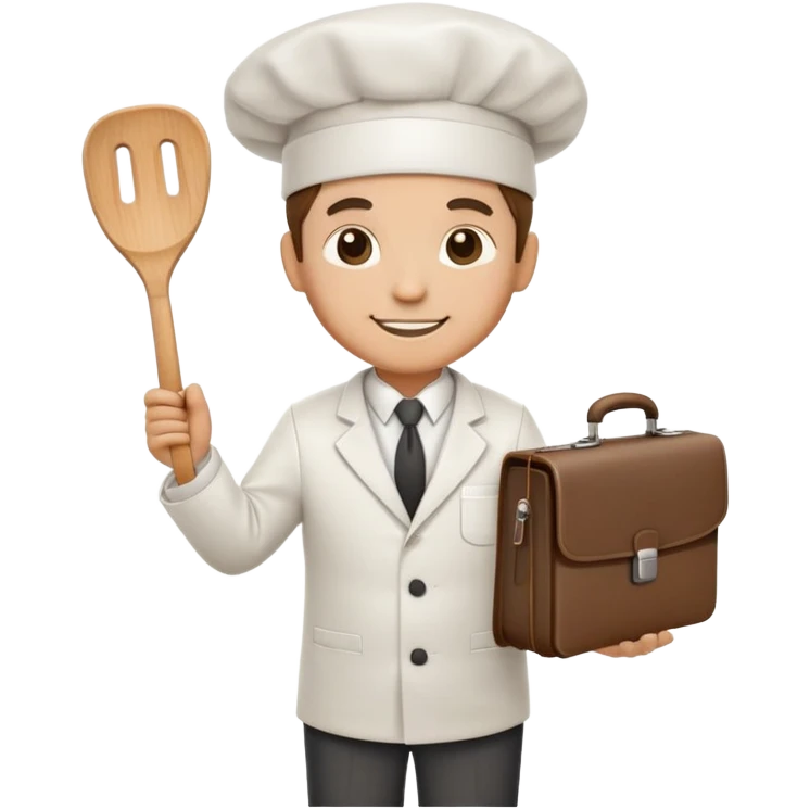 Chef wearing a suit and tie with a chef hat, holding a spatula in one hand and a briefcase in the other, friendly smile emoji