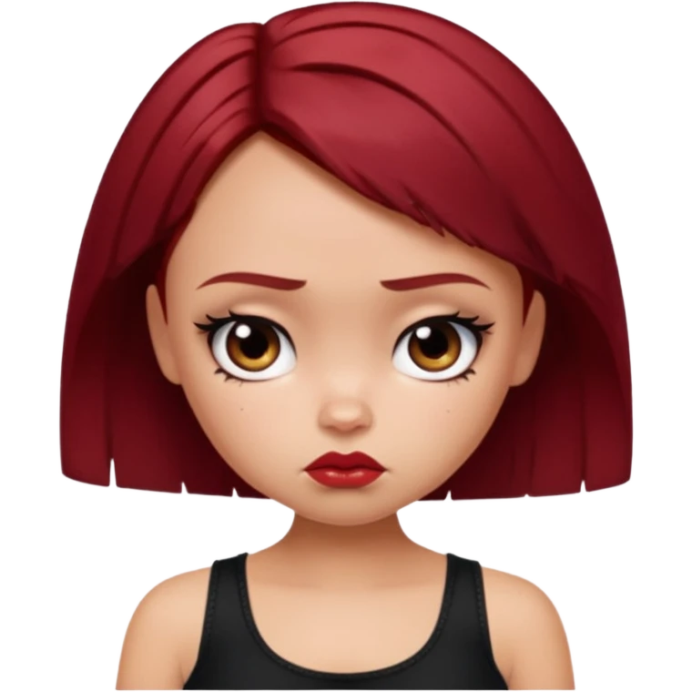generate a pretty fair bratz girl with short dark red hair looking sad . Wearing a black cami emoji