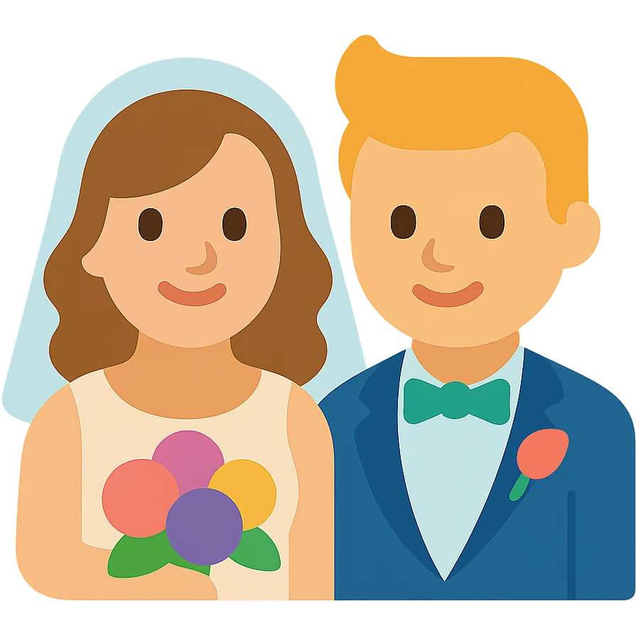Georgie and Mandy inspired by the reference photo, in wedding outfits, colorful icon style, wedding scene emoji