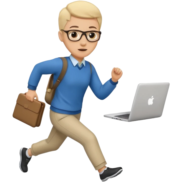 teacher running holding a laptop children following emoji