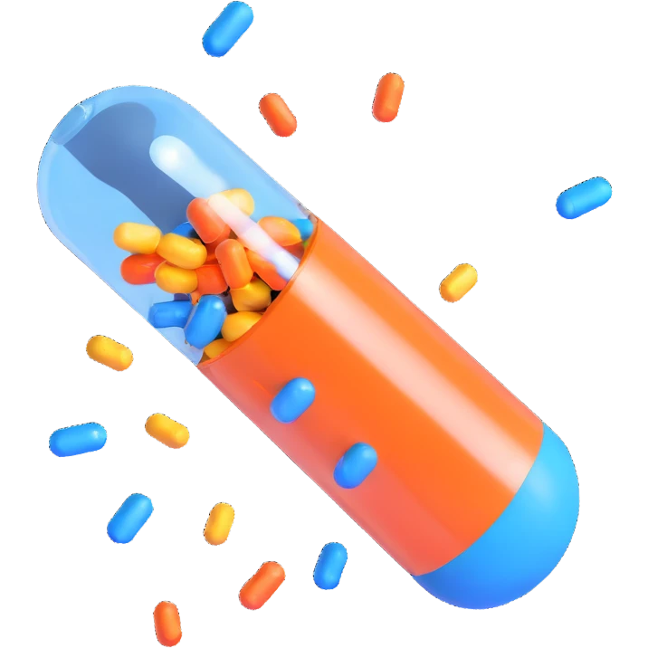 playful 3D celebration emoji with a glossy orange and blue medical capsule split open with shiny, multicolored confetti bursting out, capsule floating, confetti suspended, high-quality 3D style emoji