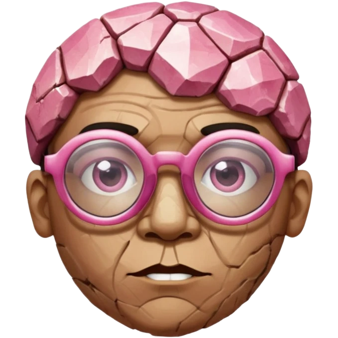A single pinkfaceted rock head, chunky and worn, with very visible big cracks and chipped facets but still shiny, big glasses emoji