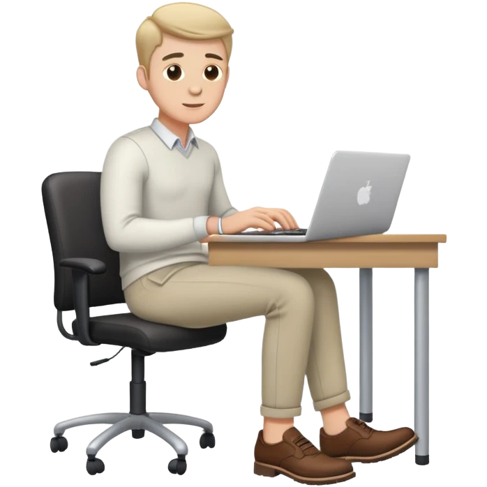 white Guy wearing trousers and shoes, sitting at desk working on a laptop  emoji