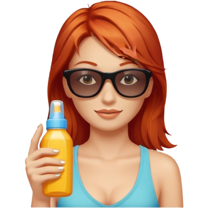 female red haired with suncream bottle and sunglasses, with sun burned emoji