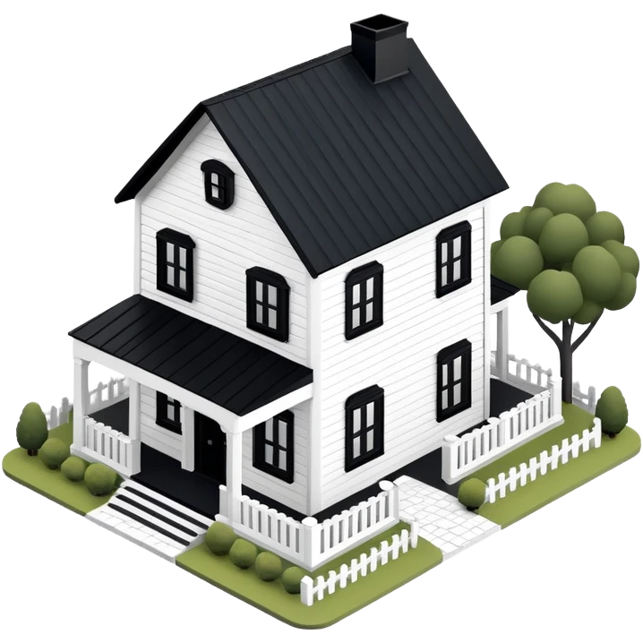 Black and white modern farmhouse exterior, isometric dollhouse-style, highly detailed  emoji