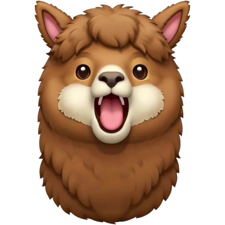 Cinematic Cute Yawning Brown Alpaca Portrait Emoji, Head tilted slightly with a dramatic, wide-open yawn, showcasing a soft, plush brown fleece with gently drooping ears, round warm eyes barely open in drowsy contentment, Simplified yet irresistibly adorable features, highly detailed, glowing with a soft, cozy glow, high shine, relaxed yet expressive, stylized with a touch of whimsy, bright and endearing, soft glowing outline, capturing the essence of a sleepy yet affectionate alpaca, so drowsy it feels like it could stretch out of the screen and curl up for a nap! emoji
