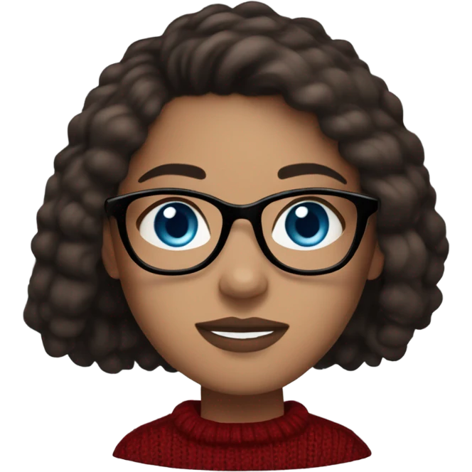 light skin, dark brown hair, blue eyes, long straight hair, girl wearing aesthetic dark red sweater, glasses, light colored lips emoji
