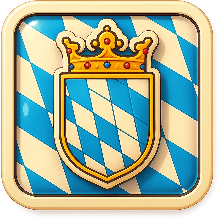 Create an icon for Bayern with a rectangular flag background featuring blue and white lozenges. Center the Bayern coat of arms, a shield with lozenges and a crown, in the middle. The style should be retro stickers, less cartoonish, and maintain the exact same format and proportions as the Berlin icon from earlier. No text included. emoji