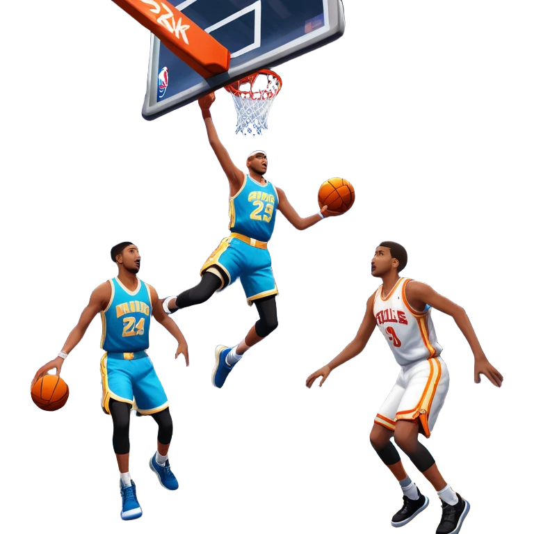 An icon featuring a basketball court with players in action, inspired by NBA 2K25. A player jumps for a dunk, with the ball mid-air. Bright lights illuminate the court, symbolizing the excitement of sports simulation games. Transparent background emphasizes the energy. emoji