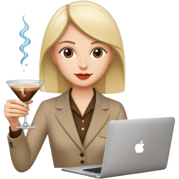 Woman holding martini and coffee with laptop emoji