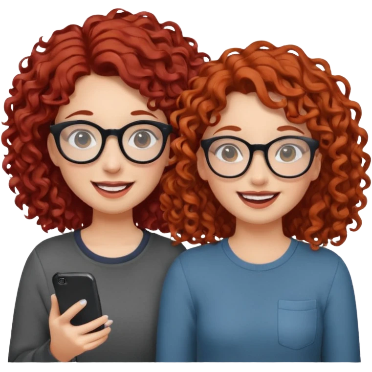 two girls. both white, one with curly red hair and glasses. one with curly brown hair. both giggling while doing a podcast emoji