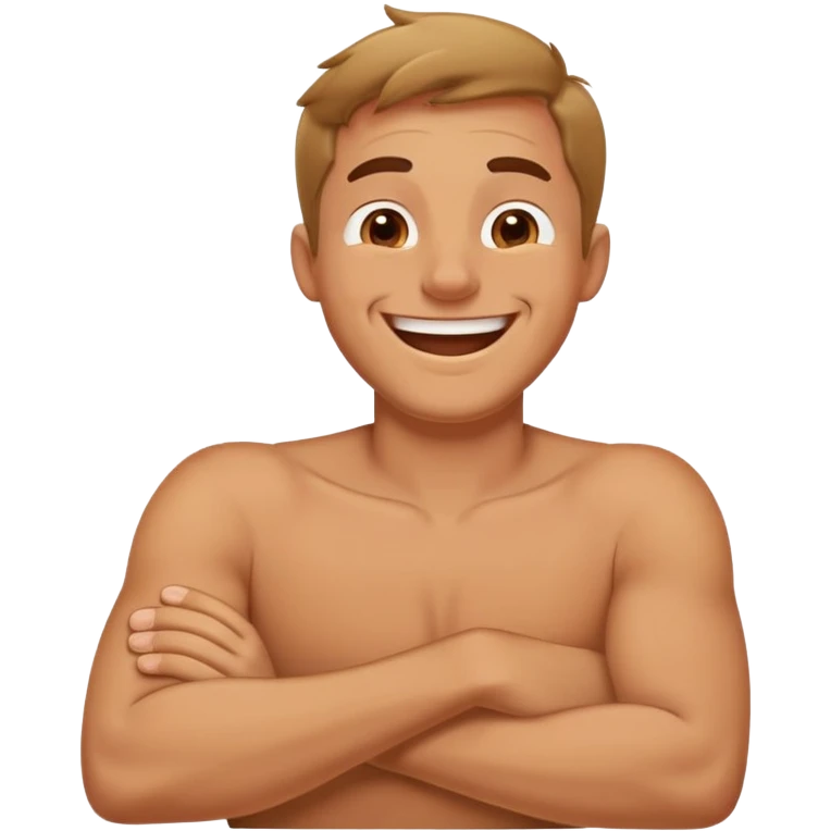 Crossed arms around neck, laughing guy emoji