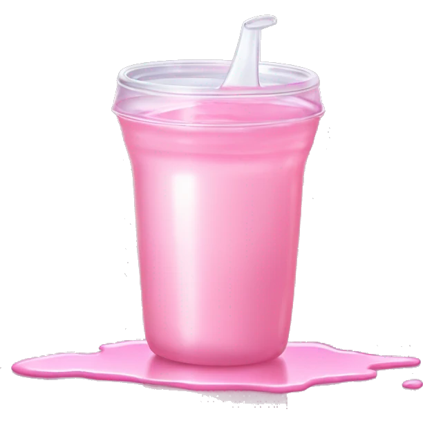 spilled sippy cup with pastel pink liquid and a distorted reflection emoji