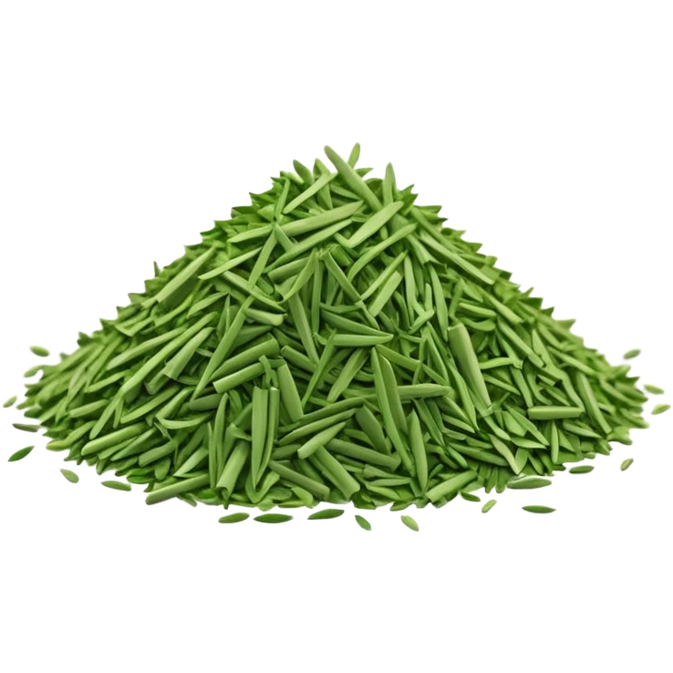 loose scatter of finely chopped dry green herb bits, short tubular shapes, crisp matte texture, uniform thin straight pieces, vibrant to muted green tones, evoking dried chive stalks, soft lighting, subtle shadows, emoji scale emoji
