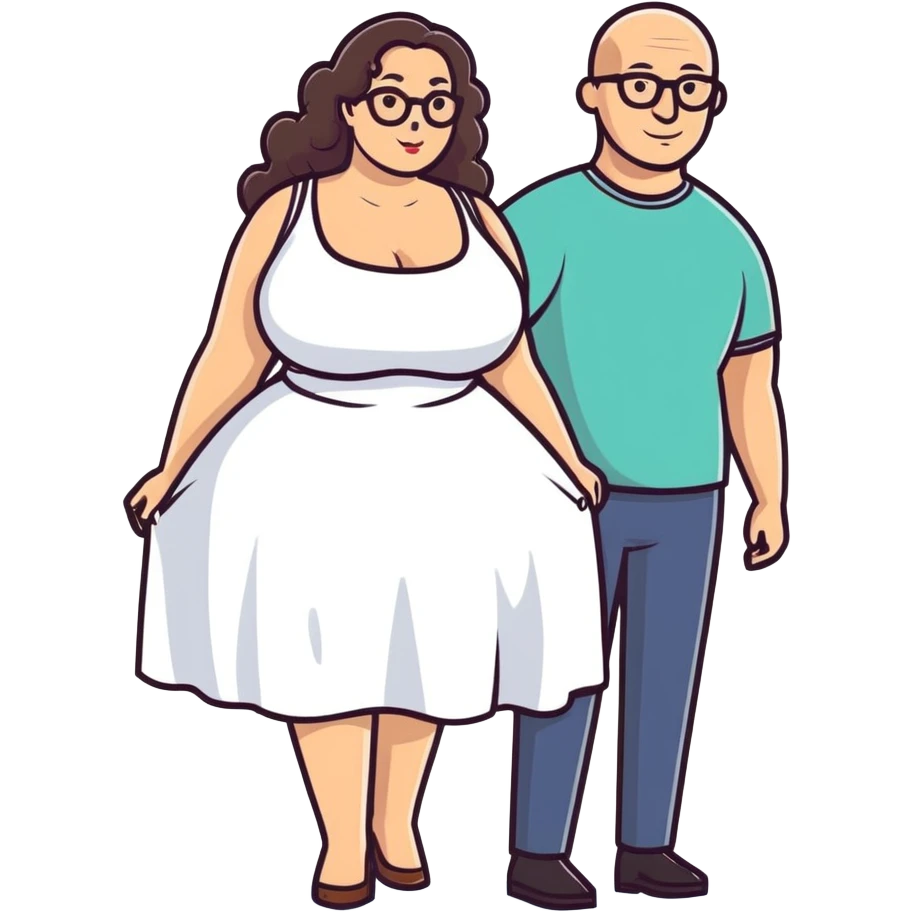 caucasian bald man with glasses and caucasian woman wearing no glasses, long curly dark hair and huge boobs emoji