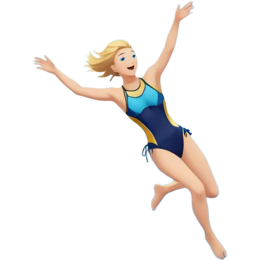 A diver mid-air, plunging from a high cliff into the sparkling ocean below. The background features rugged cliffs, clear blue water, and a bright sky, emphasizing the excitement and danger of the sport with a sense of freedom and adventure. emoji