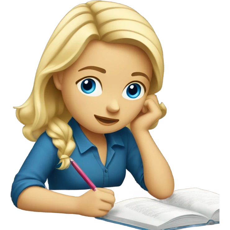 blond girl blue eyes studying on a table emoji