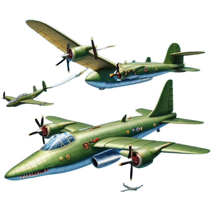 A surreal flying bomber aircraft with the head of a crocodile replacing its cockpit. The crocodile's mouth is open menacingly, with sharp teeth exposed, blending seamlessly with the metallic body of the plane. The aircraft is flying through a blue sky with clouds, and a bomb is being dropped mid-air. Two propellers are spinning on the wings. The scene is dynamic, imaginative, and slightly humorous, combining fantasy with wartime elements emoji