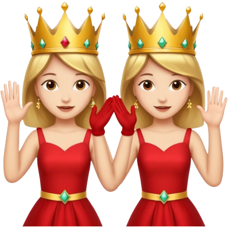 Two women wearing crowns and identical outfits giving each other a high five. emoji
