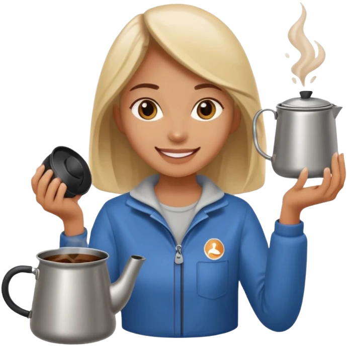 A cheerful female camper brewing coffee in a small metal pot. emoji