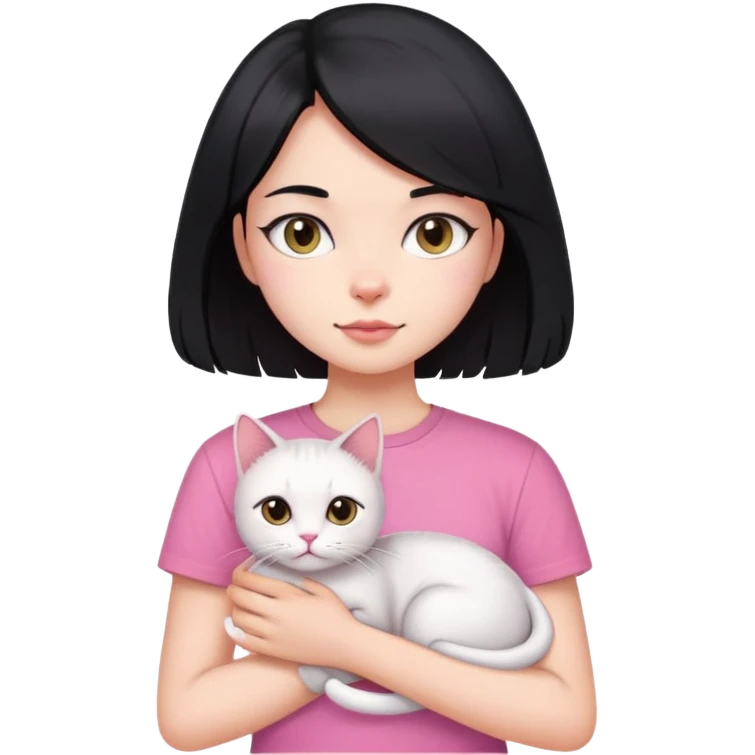 A girl with long black hair wearing a pink T-shirt and holding a beautiful short hair cat. emoji