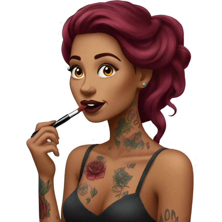 Beautiful tattooed burgundy long haired woman doing her makeup emoji