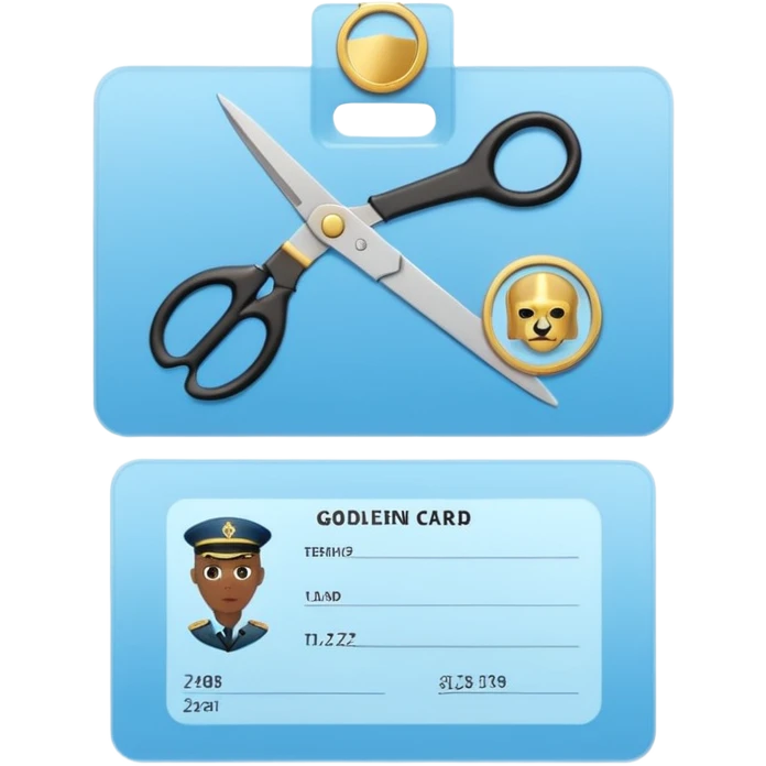 Floating black Scissors cutting in half a light blue idf soldier ID card with golden chip in 2 parts .hyper realistic emoji