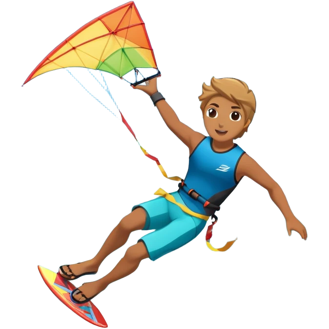 A kite surfer soaring above the waves, holding onto a kite with the wind in full force. The background showcases the ocean and sky, emphasizing the freedom, thrill, and energy of the sport. The motion of the kite and board is dynamic, capturing the excitement of kiting. emoji