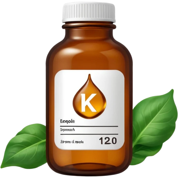 brown glass bottle of supplements with white label, black thin title K2 and small spinach emoji emoji