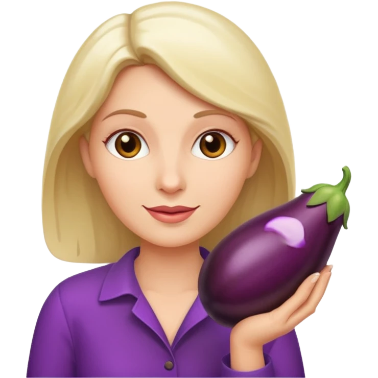 White woman holding an aubergine emoji