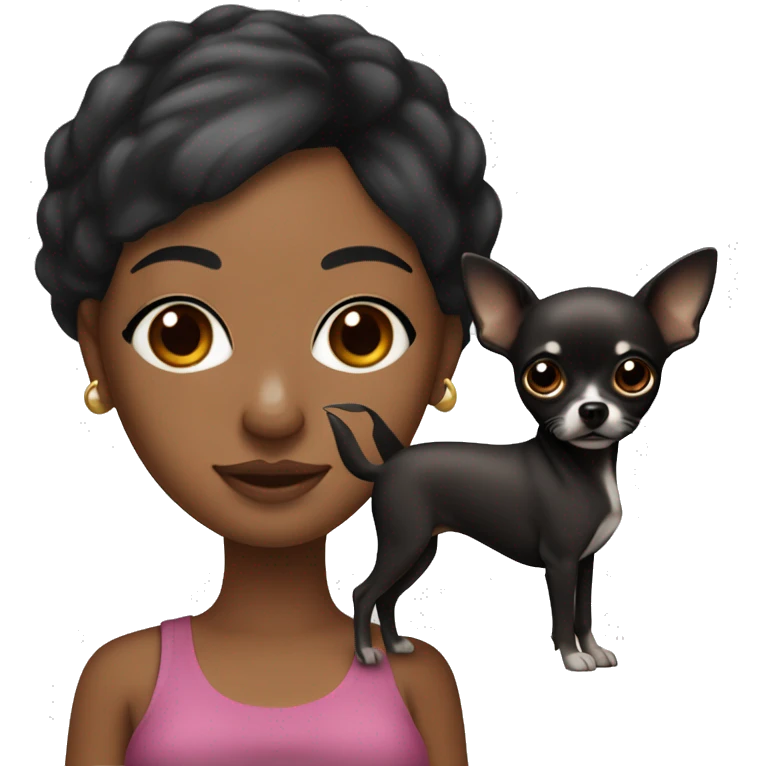 A curvy African American woman with dark skin and straightened black hair holding a black with brown eyebrows pointy ear chihuahua  emoji