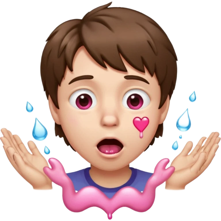 Pale Boy with shaggy brown hair, pink heart shaped eyes looking up , mouth open , water drop dripping from lips, hands grabbing at face  emoji