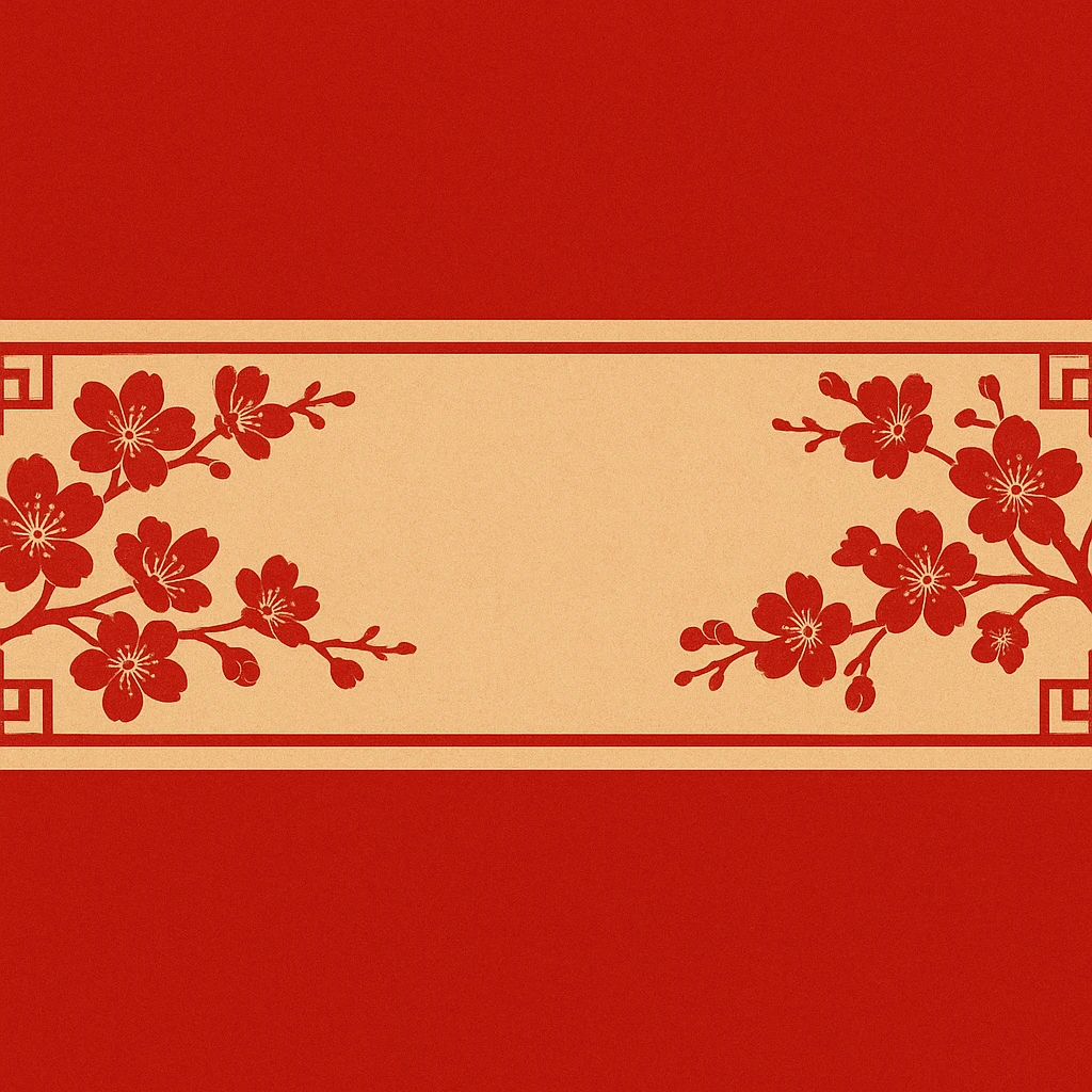 eastern style plaque for post signature, ultra long horizontal rectangle 1200x100px, only red and sand colors, decorated with sakura flowers, feng shui vibe, geometric ornament, no text emoji