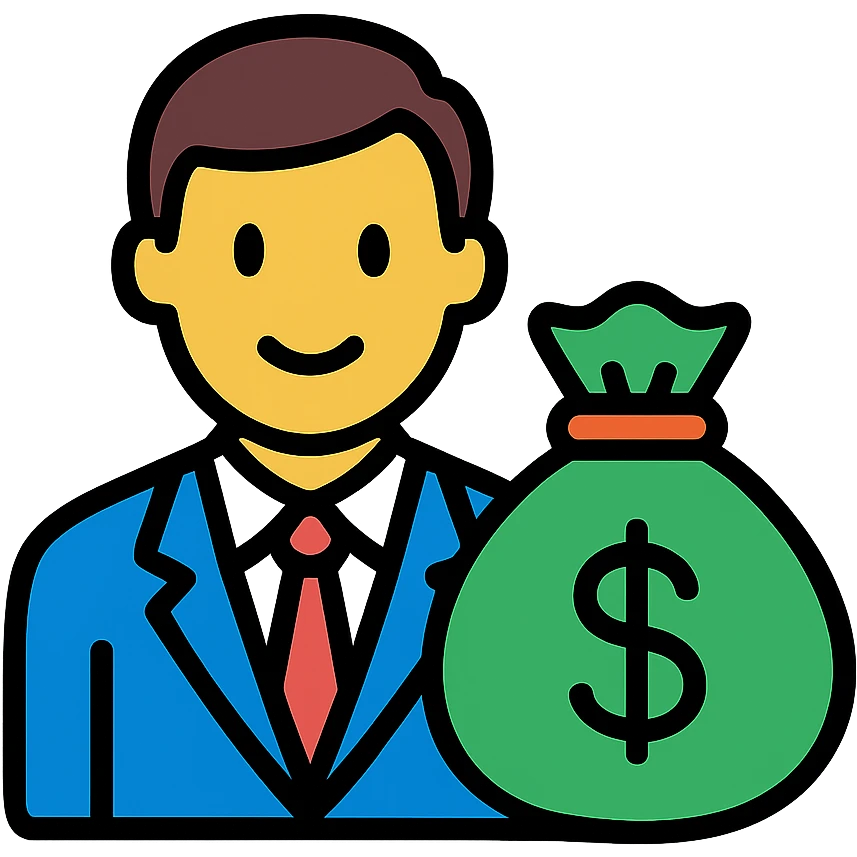 Businessman with money bag, rich man with cash emoji
