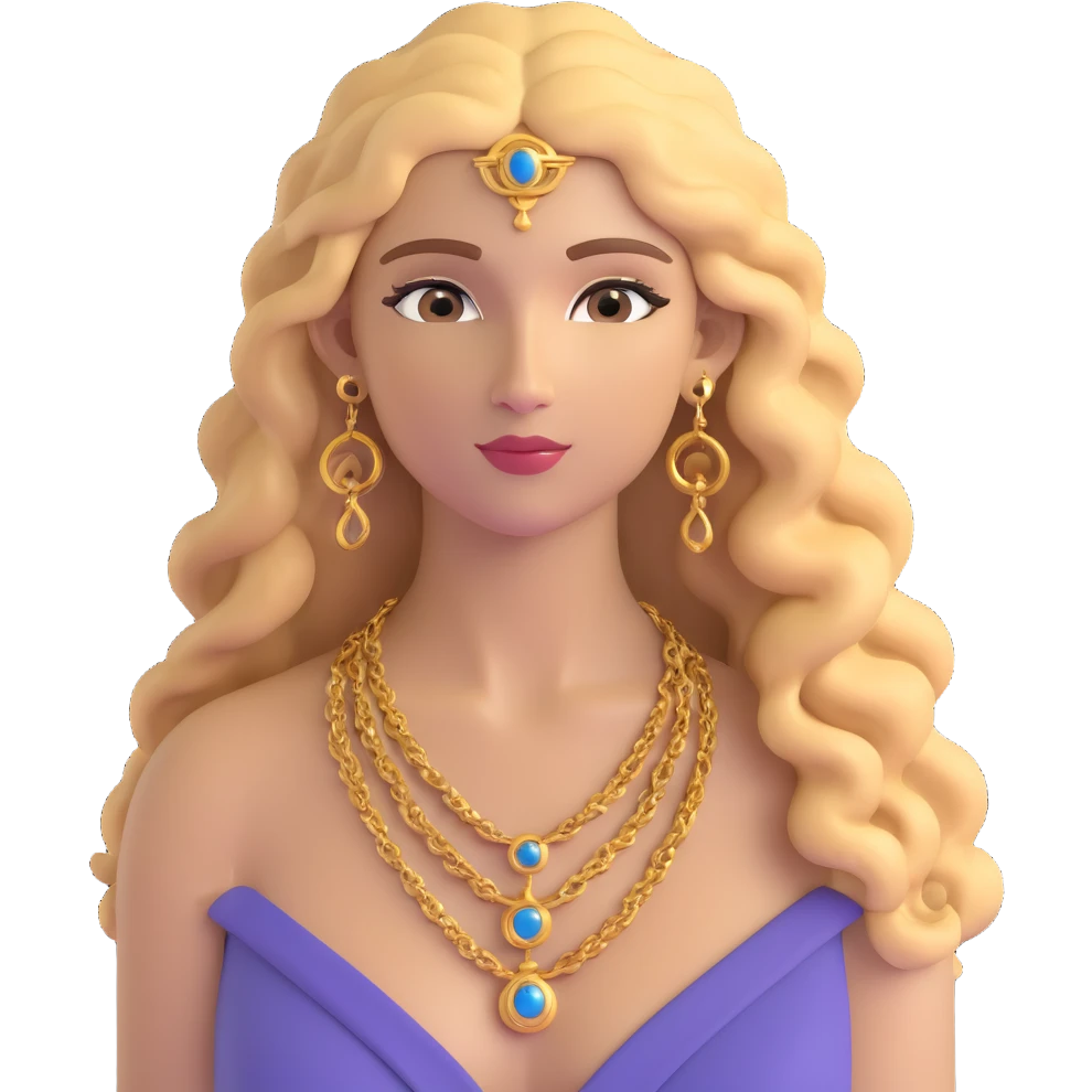 attractive Greek woman with long curly hair and light skin wearing gold Greek jewelry emoji