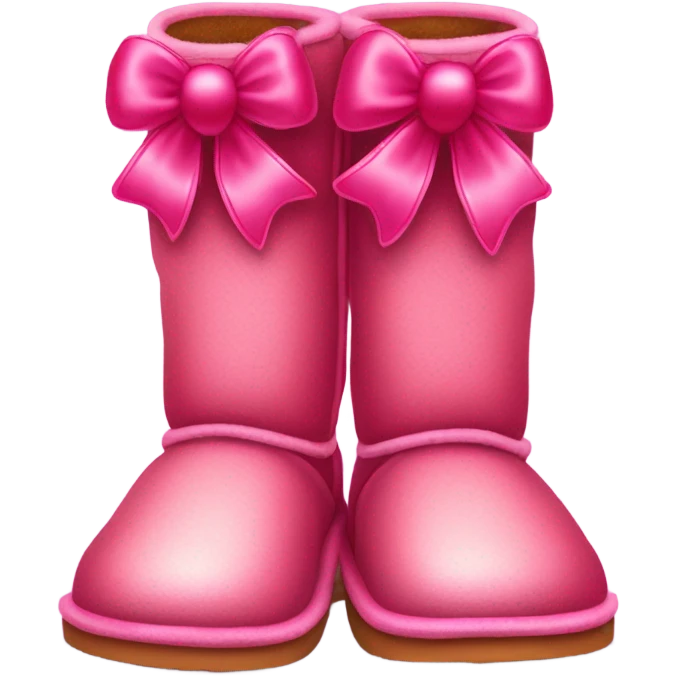 Realistic isolated pair of tall Red Ugg Fur Boots laced up with pink silk ribbon bows and hot pink and light pink sequin heart shaped patches sewn onto them. emoji