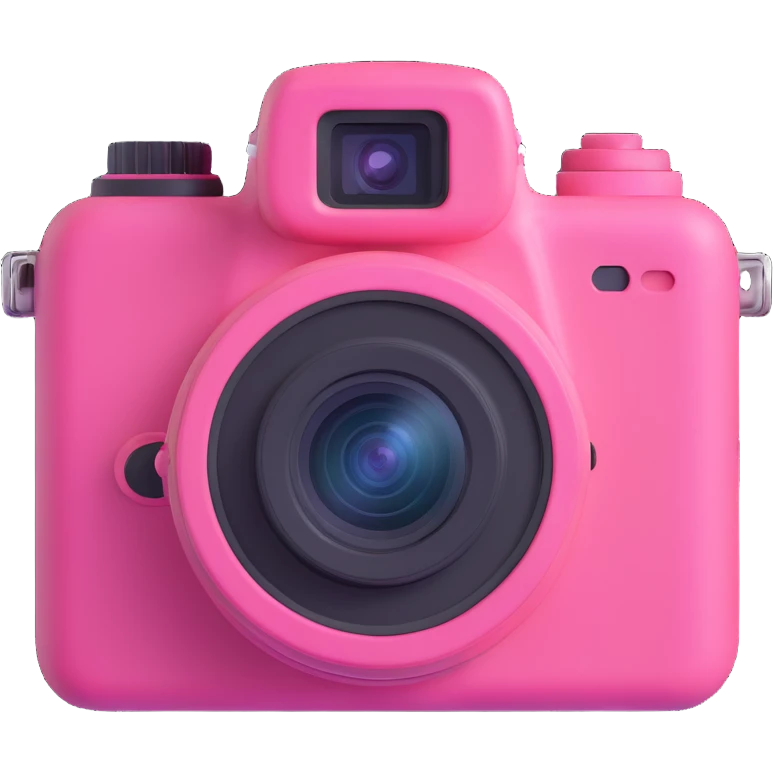 a pink camera with three photos floating around it emoji