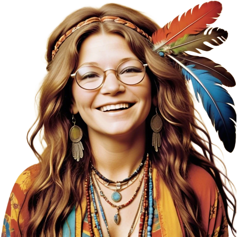 a portrait of janis joplin, focusing on her upper half. she has long, wavy hair with a free-spirited, messy style, round glasses, and a warm, infectious smile. she’s wearing layered bohemian jewelry, colorful clothing, and a feather in her hair, exuding her iconic 60s rock-and-roll vibe. the background is vibrant and slightly psychedelic emoji